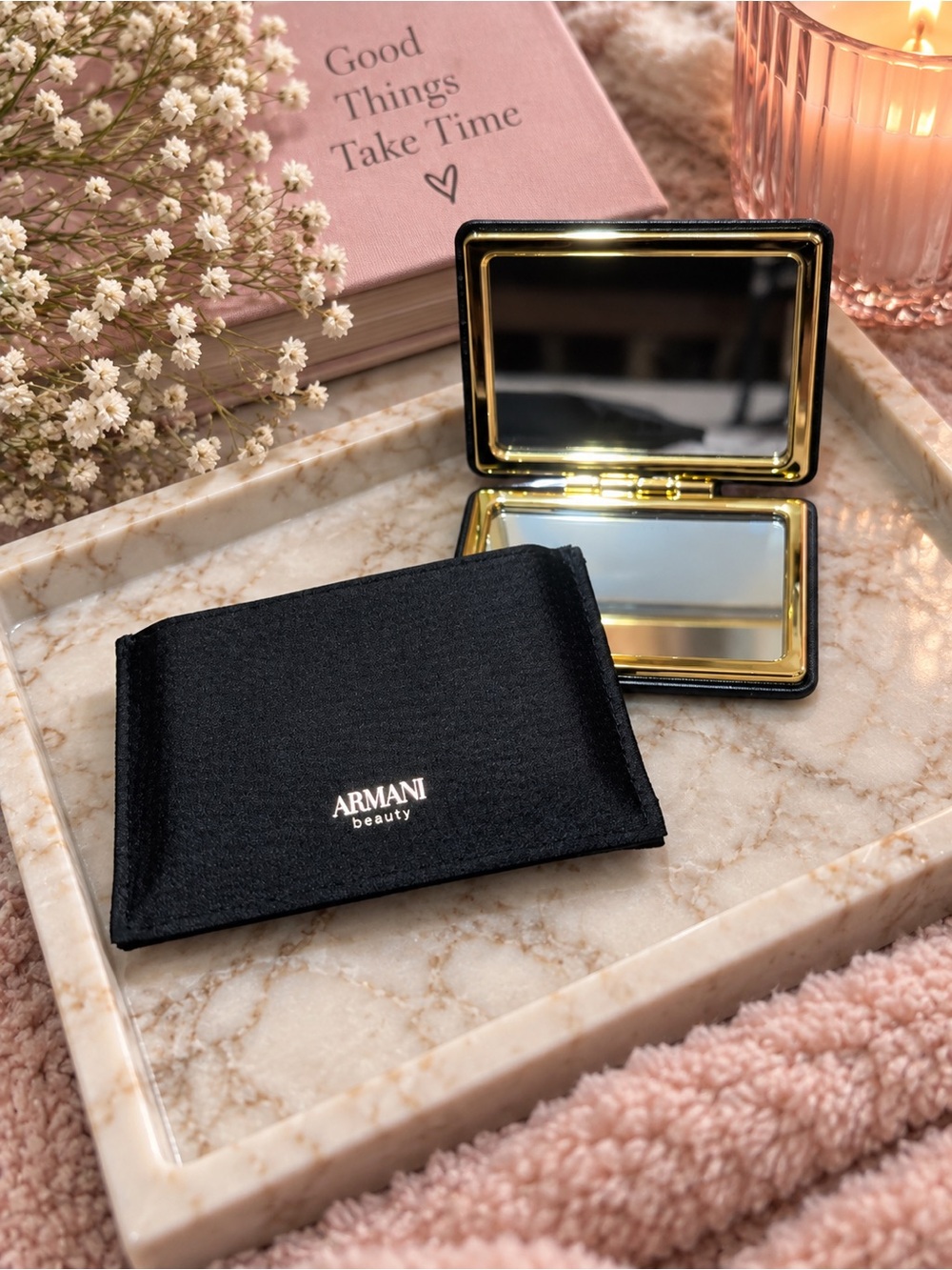 Giorgio Armani Black & Gold Compact Mirror with Soft Pouch